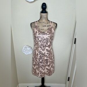 NTM: Xhilaration Blush Pink Damask Print Rose Gold Sequins Mini Dress Sz S